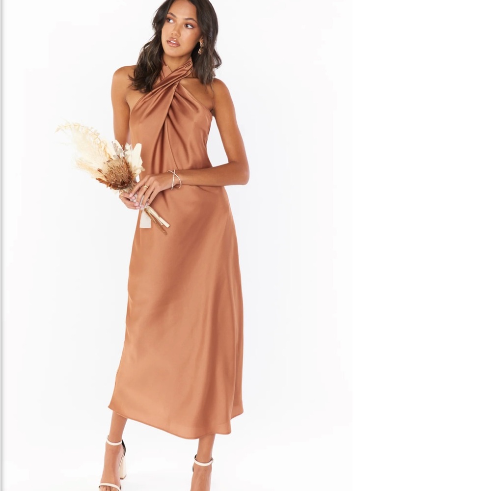 Mumu Jasmine Halter Midi Dress in Copper Luxe Satin